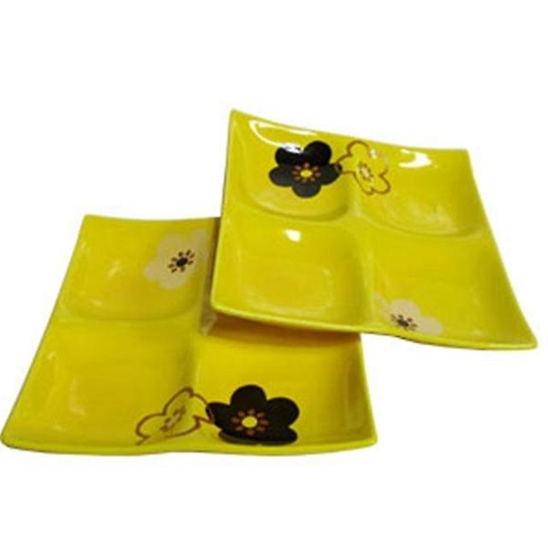  하꼬야 나눔접시 플라워 4구 (대) 노랑 2개 그릇 식기
