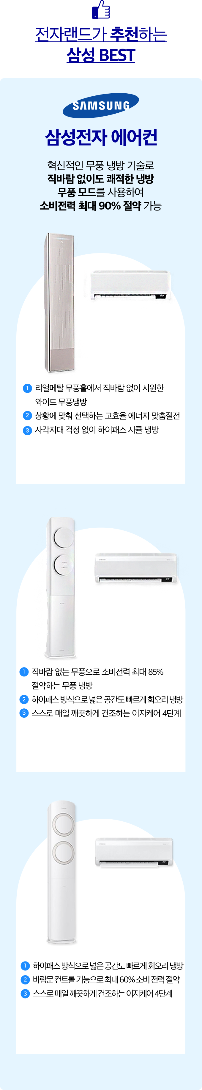 삼성전자 에어컨 혁신적인 무풍 냉방 기술로 직바람 없이도 쾌적한 냉방 무풍 모드를 사용하여 소비전력 최대 90% 절약 가능