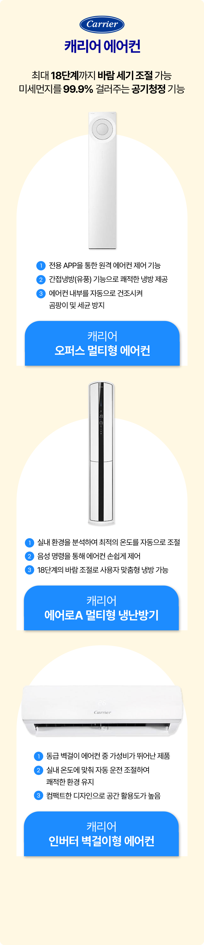 캐리어 에어컨 최대 18단계까지 바람 세기 조절 가능 미세먼지를 99.9% 걸러주는 공기청정 기능