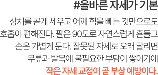 #올바른 자세가 기본 상체를 곧게 세우고 어깨 힘을 빼는 것만으로도 호흡이 편해진다. 팔은 90도로 자연스럽게 흔들고 손은 가볍게 둔다. 잘못된 자세로 오래 달리면 무릎과 발목에 불필요한 부담이 쌓이기에 작은 자세 교정이 곧 부상 예방이다.
