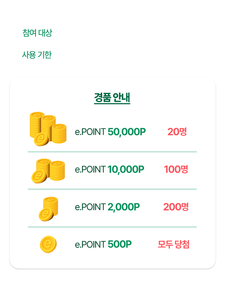 경품안내 e.POINT 50,000P 20명, e.POINT 10,000P 100명, e.POINT 2,000P 200명, e.POINT 500P 모두 당첨